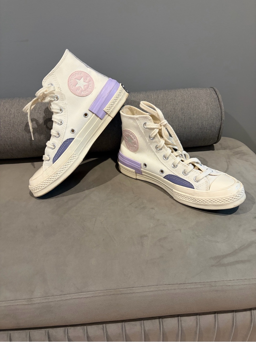 Converse High-Top Sneakers in Cream with Lavender/Pink Accents
